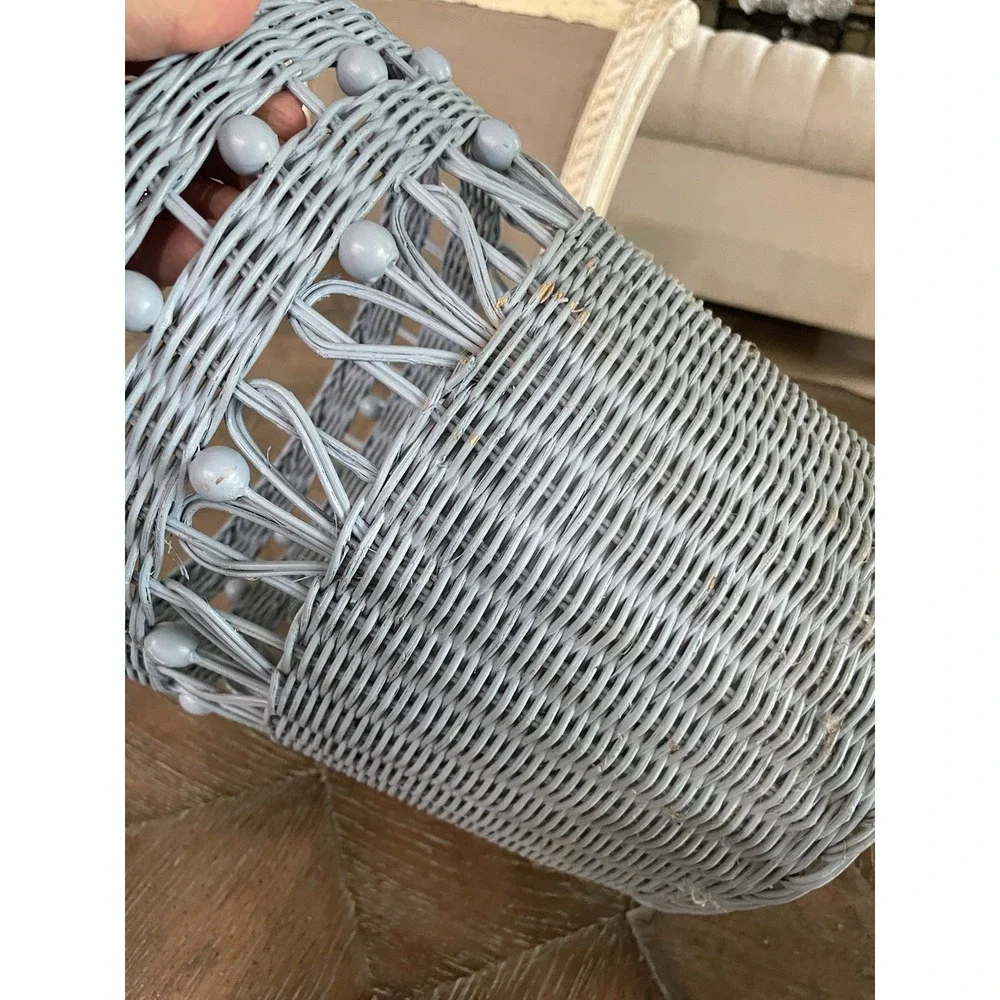 Vintage  Blue Bead Wicker Rattan Woven Waste Basket Trash Can Bin